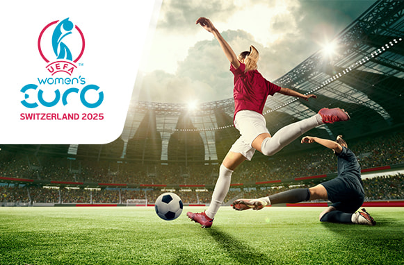Calciatrici in azione e logo degli Europei Femminili 2025
