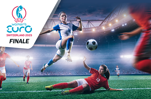 Calciatrici in azione e logo EURO 2025 femminile