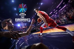 Partita di basket e logo degli Europei FIBA 2025