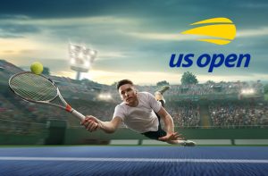 Tennista in tuffo sulla pallina e logo degli US Open