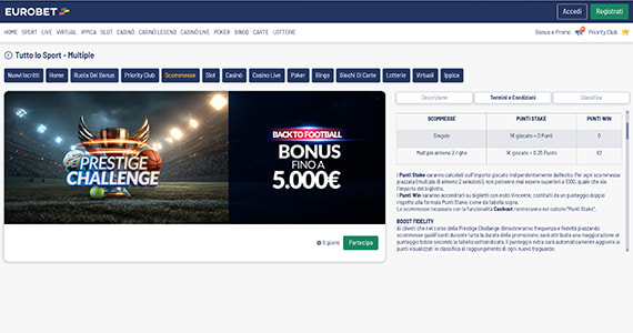 La promo scommesse Prestige Challenge di Eurobet