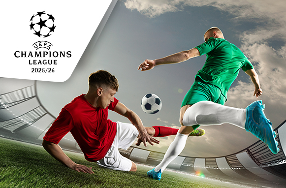Calciatori in azione e logo UEFA Champions League 2025/2026