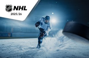 Giocatore di hockey in azione, logo NHL