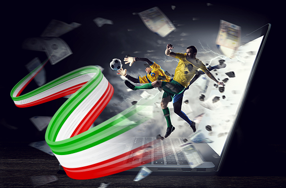 Calciatori che escono dallo schermo di un laptop e bandiera italiana