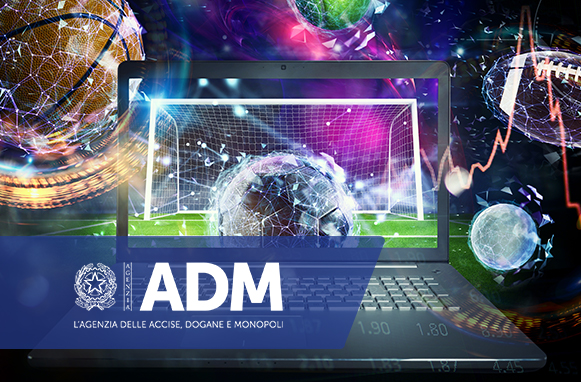 Logo ADM, laptop, quote ed elementi di scommesse sportive