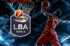 Giocatore di basket in schiacciata a canestro e logo LBA