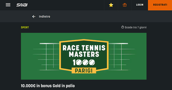 La promo scommesse Race Tennis Masters 1000 Parigi di SNAI