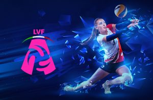 Giocatrice di pallavolo in azione, logo LVF