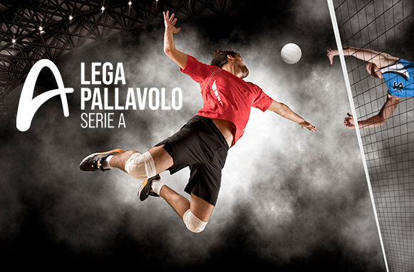 Pallavolista in procinto di attaccare e logo Lega Pallavolo Serie A