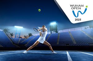 Tennista pronta a colpire e logo WTA Wuhan 1000