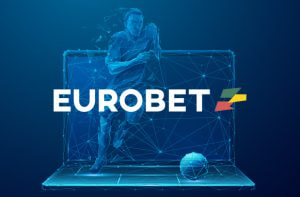 Calciatore virtuale che esce da un laptop e logo di Eurobet