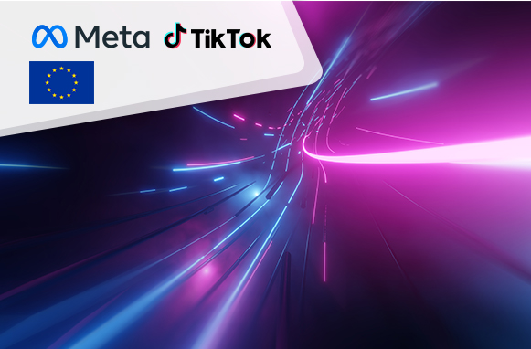 Loghi di Meta, TikTok e bandiera dell’Unione Europea