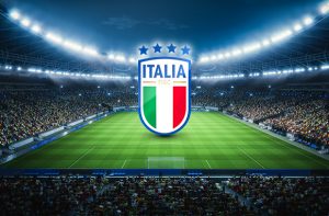 Logo dell'Italia e sfondo di uno stadio