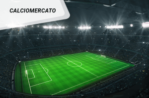 Stadio di calcio in notturna e scritta Calciomercato