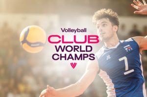 Giocatore di volley pronto a schiacciare e logo Mondiale per club FIVB