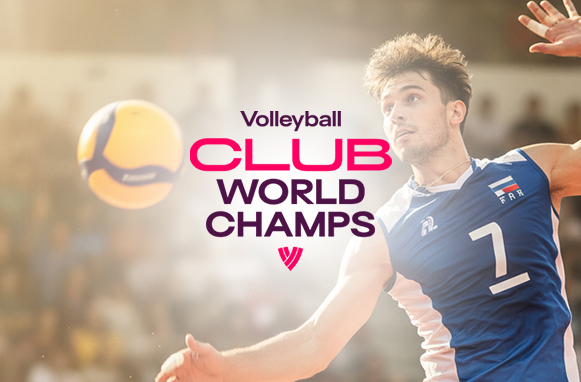 Giocatore di volley pronto a schiacciare e logo Mondiale per club FIVB