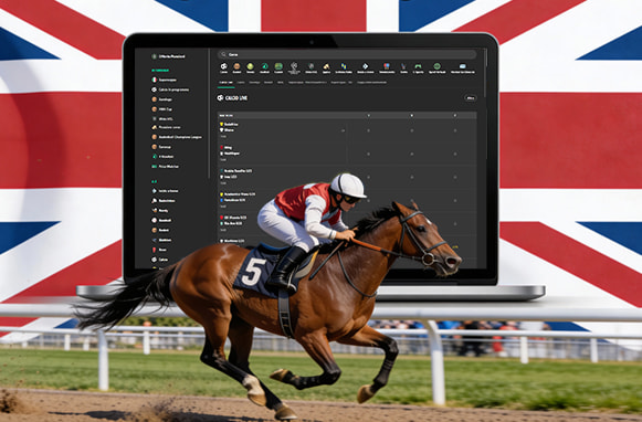 Cavallo e fantino impegnati in una corsa ippica, bandiera della Gran Bretagna e schermata di sito di scommesse