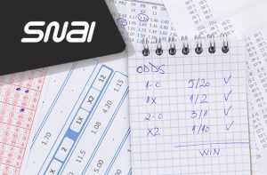 Schedine, quote, foglietto di un bloc-notes e logo di SNAI