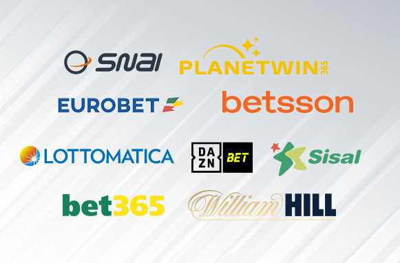 I loghi di SNAI, Planetwin365, Eurobet, Betsson, Lottomatica, Daznbet, Sisal, bet365 e William Hill