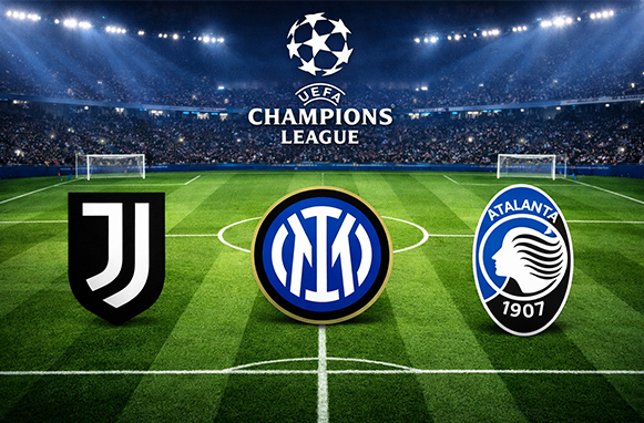 Logo Champions League, logo Juventus, logo Inter e logo Atalanta