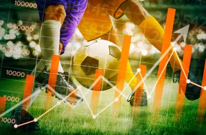 Game di calciatori in azione su sfondo di dati statistici
