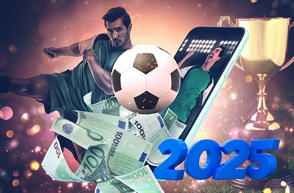 Calciatore in azione e presente sullo schermo di uno smartphone, contanti e scritta 2025