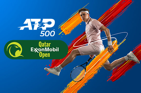 Tennista in azione, logo ATP 500 Qatar Open