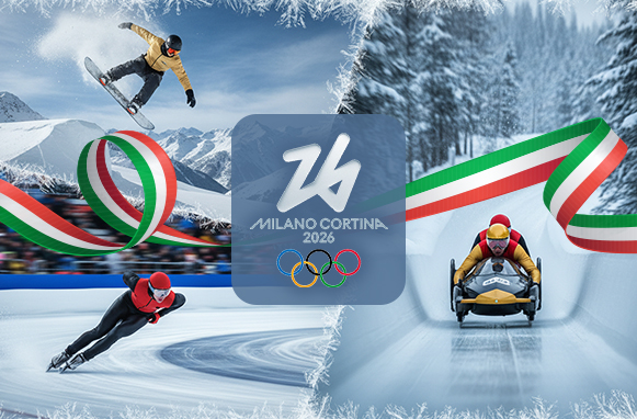 Snowboarder, pattinatore, team di bob a due, nastro tricolore e logo Olimpiadi Invernali Milano-Cortina 2026