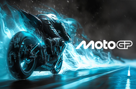 Moto da corsa in scenario futuristico e logo della MotoGP