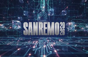 Scritta Sanremo 2026 su sfondo futuristico con algoritmi