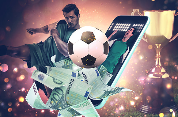 Calciatore in azione, banconote, smartphone con calciatore che festeggia e coppa sullo sfondo