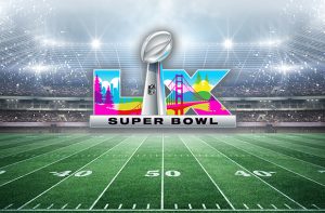 Campo di football americano e logo del Super Bowl LX 2026