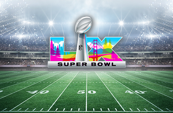 Campo di football americano e logo del Super Bowl LX 2026