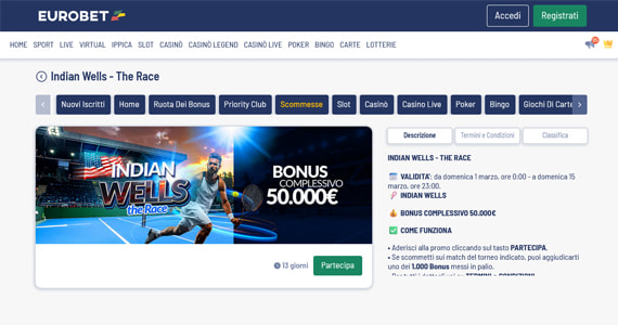 La promo scommesse Indian Wells - The Race di Eurobet