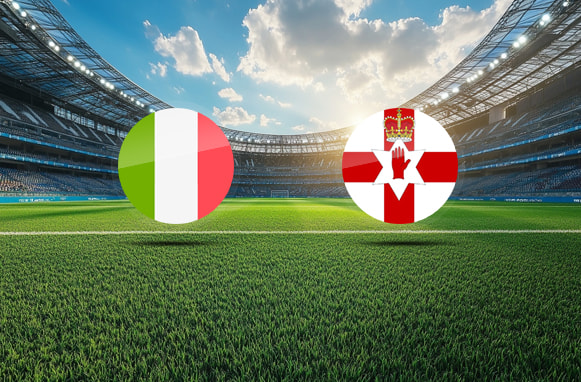 Logo Italia e logo Irlanda del Nord e stadio di calcio