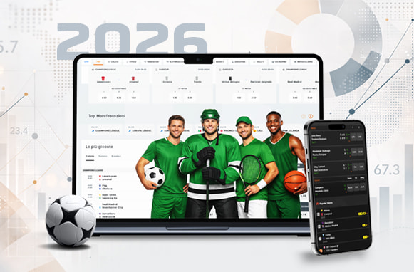 Tablet e smartphone collegati a siti di scommesse, giocatori di vari sport e scritta 2026