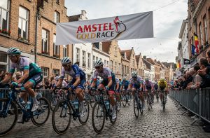 Ciclisti in corsa e logo della Amstel Gold Race