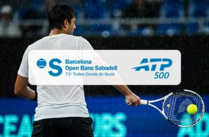 Giocatore di tennis sotto la pioggia e logo dell'ATP Barcellona