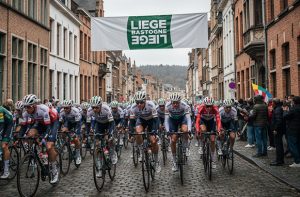 Ciclisti in partenza per una gara e logo Liegi-Bastogne-Liegi