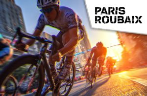Ciclisti in velocità e logo della Paris-Roubaix
