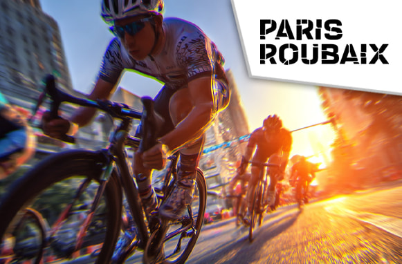Ciclisti in velocità e logo della Paris-Roubaix