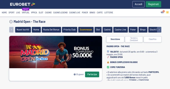 La promo scommesse Madrid Open - The Race di Eurobet