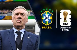 Carlo Ancelotti, logo Brasile e logo Mondiali FIFA 2026