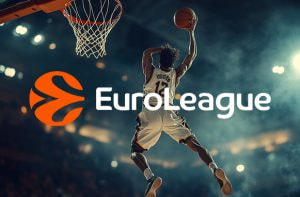 Partita di basket con giocatori in azione e logo dell'Eurolega in sovraimpressione