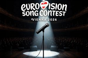 Sala da concerto gremita, microfono, luce dall’alto e logo dell’Eurovision Song Contest Vienna 2026