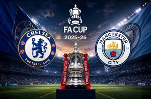 Logo Chelsea, logo Manchester City e coppa FA Cup
