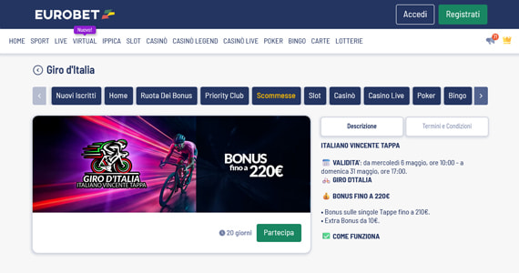 La promo scommesse Giro d'Italia di Eurobet