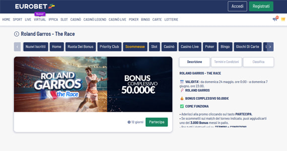 La promo scommesse Roland Garros - the Race di Eurobet