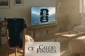 Maglia azzurra su una sedia, TV con logo Mondiali FIFA 2026 e logo Calcio e Finanza