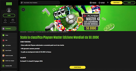 La promo casinò Playson Master Slot Leaderboard Edizione Mondiali di 888casino